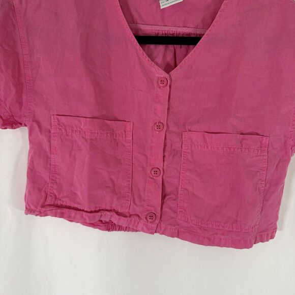Zara Blouse Girls 10 140 CM Pink Cropped Vneck Button Up Short Sleeve Linen - Picture 3 of 9